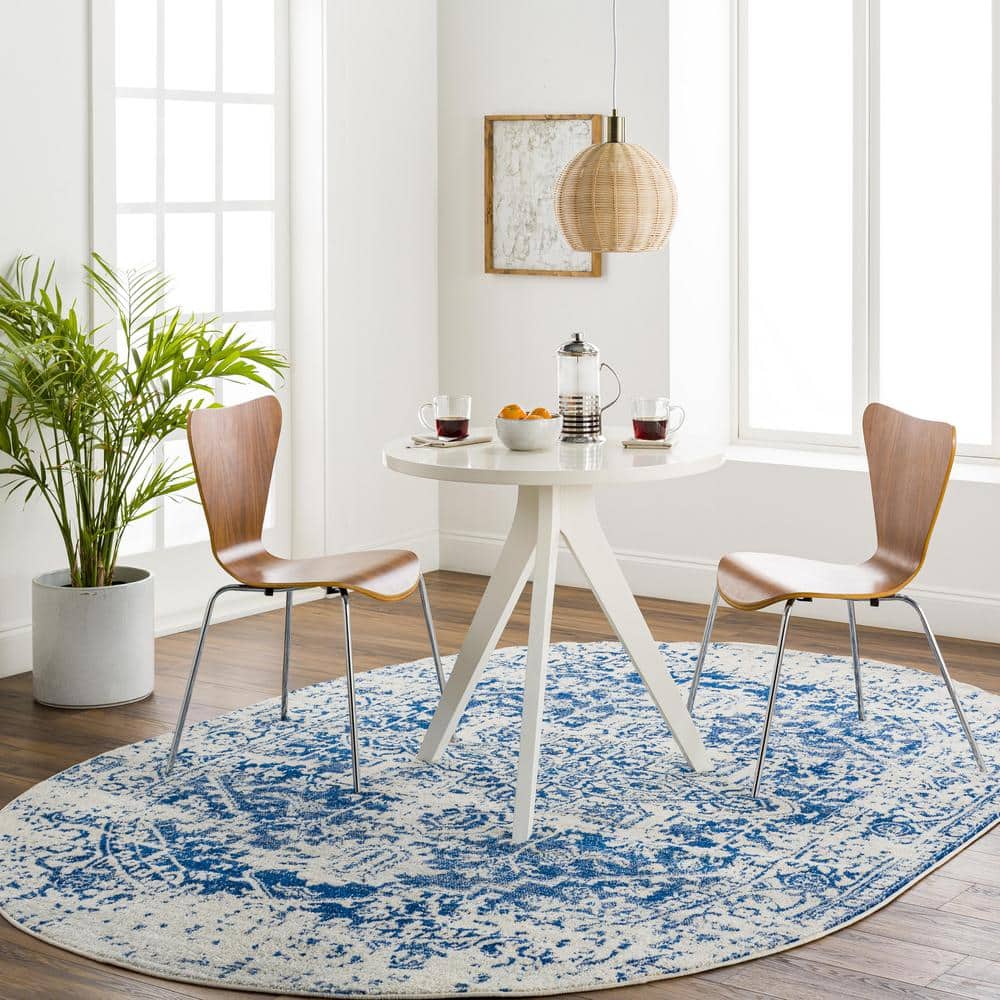 Demeter Blue and Off-White Oval Stain-Resistant Synthetic Rug