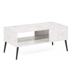 Claude 39.37 in. Marble White Rectangle Wood Mid-Century Coffee Table with Pine Wood Legs