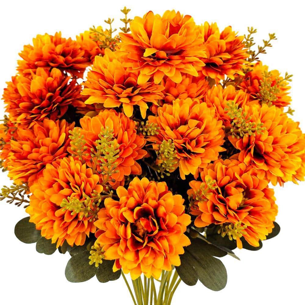 14.9 in Orange Flowers Artificial Mums 2 Pcs 18 Heads Silk ...