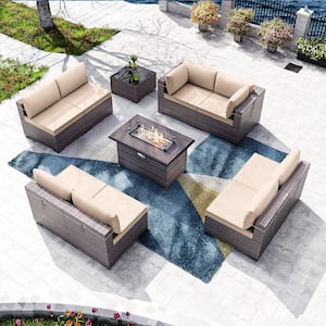 10-Piece Wicker Patio Conversation Set with 55000 BTU Gas Fire Pit Table and Glass Coffee Table and Sand Cushions