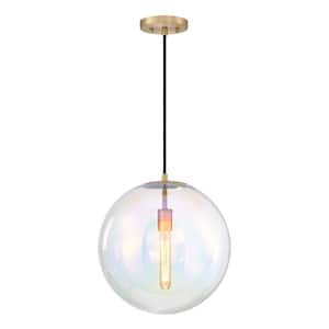 Lena 60-Watt 1-Light Brushed Gold Modern Pendant Light with 14 in. Clear Iridescent Glass Shade