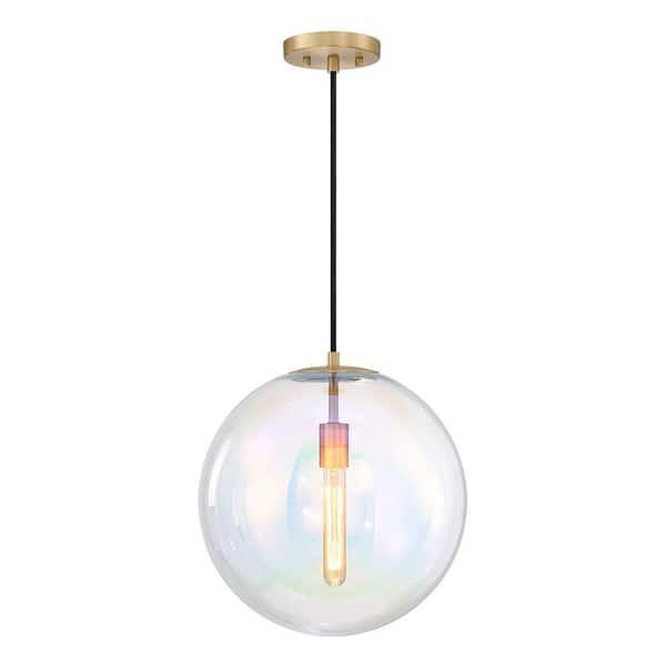 Lena 60-Watt 1-Light Brushed Gold Transitional Pendant Light with Clear Iridescent Glass Shade, No Bulbs Included
