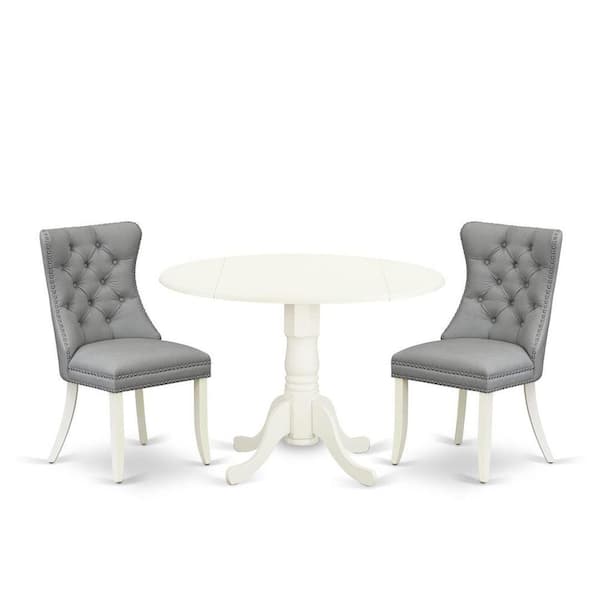 East West Furniture 3-Piece Linen white Solid Wood Top-Round Upholstered Dining Room Set with Dropleaf-Seats 4