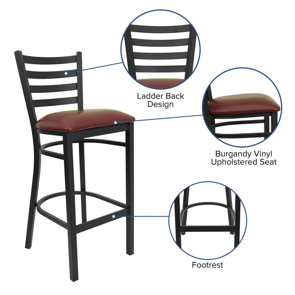 Black Metal Ladder Back Bar Stool with Burgundy Vinyl Seat