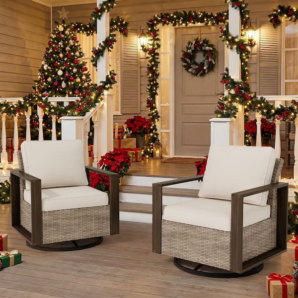 Wicker Outdoor Rocking Chair Patio Swivel Chair with Metal Frame and Beige Cushions