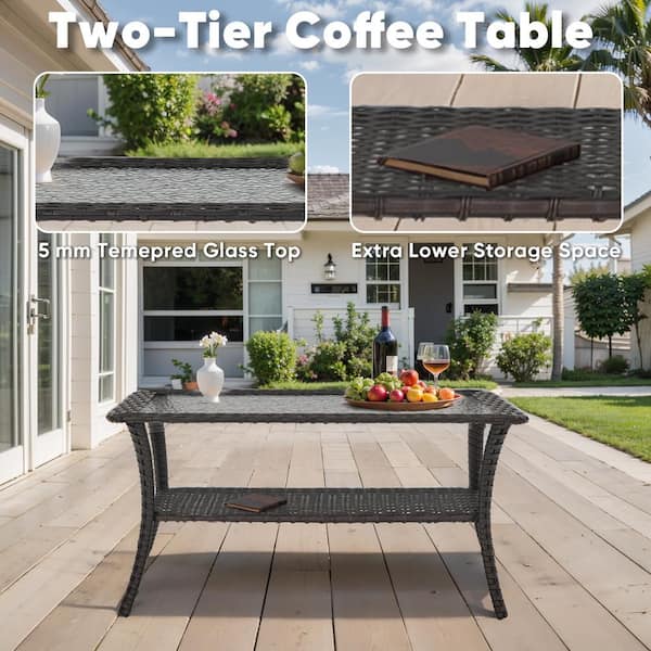 Brown Rectangle Wicker Outdoor Side Table with Tempered Glass Top and Storage Space