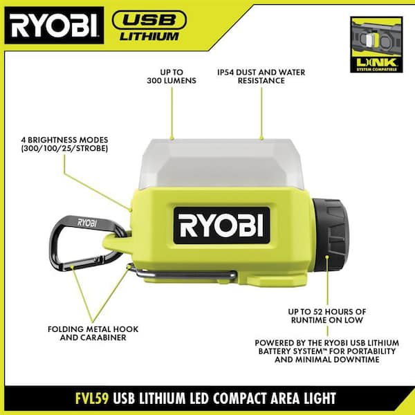 RYOBI - USB Lithium Cordless Compact Area Light Kit with 2.0 Ah USB Battery and Charging Cable