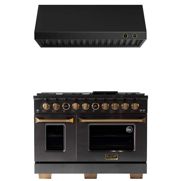 Kucht 48 in. 6.7 cu. ft. 8-Burner Double Oven Dual Fuel Range for Propane Gas in Titanium & Gold Plus Under Cabinet Range Hood