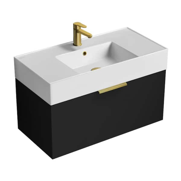 Nameeks Derin 31.9 in. W x 17.4 in. D x 20.47 in. H Modern Bathroom Vanity in Matte Black With White Ceramic Top