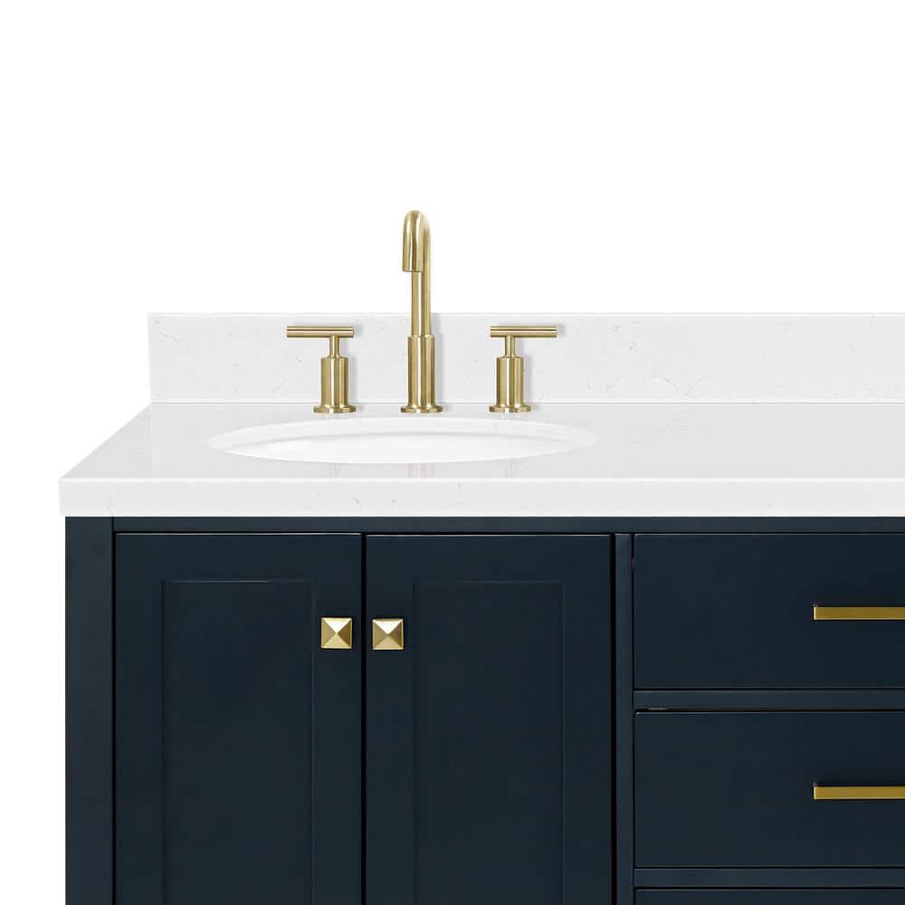 Midnight Blue Wood Freestanding Double Vanity with White Quartz Top