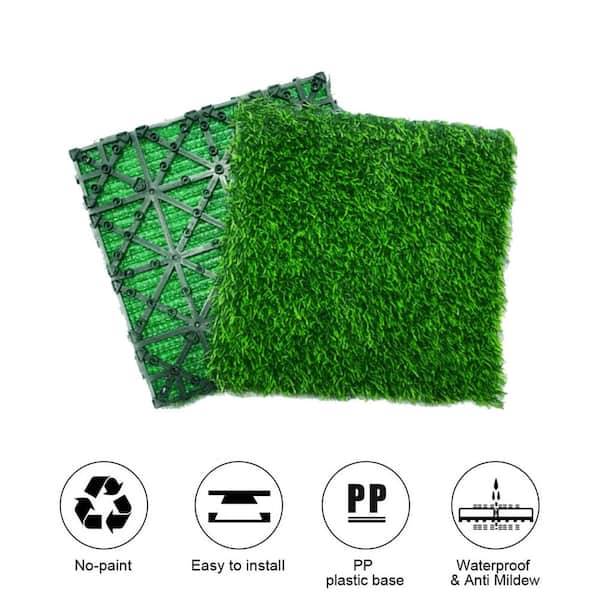 Angel Sar 1 ft. x 1 ft. Composite Green Artificial Grass Turf Interlocking Deck Tiles, Fake Grass Self-draining Mat (18-Piece)