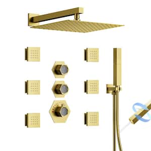 Thermostatic Valve 5-Spray 12 in. Wall Mount Dual Shower Heads and Handheld Shower Head 2.5 GPM in Brushed Gold