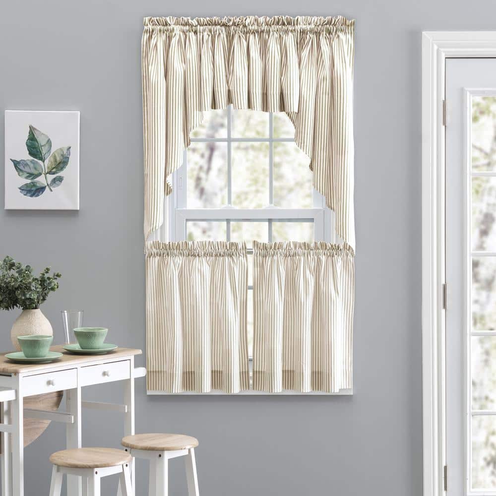 Tan Cotton Polyester Striped Rod Pocket Window Curtain