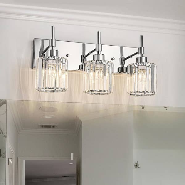 LLHZSY Schonbek 19 in. 3-Light Chrome Dimmable Modern Bathroom Vanity Light with Crystal Shades