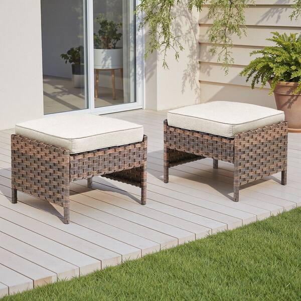 RoundEase Brown Wicker Outdoor Ottoman with Beige Cushions and Edge Support Design (2-Pack)