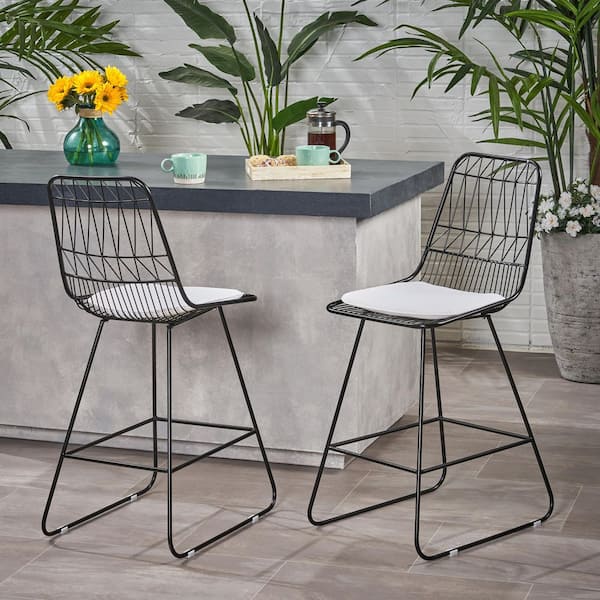 Unbranded 2-Pack Black Metal Outdoor Bar Stools Wire Counter Stools with Ivory Cushions