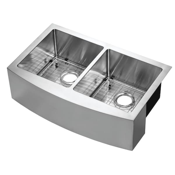 CMI Belleville Undermount Stainless Steel 33 in. 50/50 Double Bowl Curved Farmhouse Apron Front Kitchen Sink