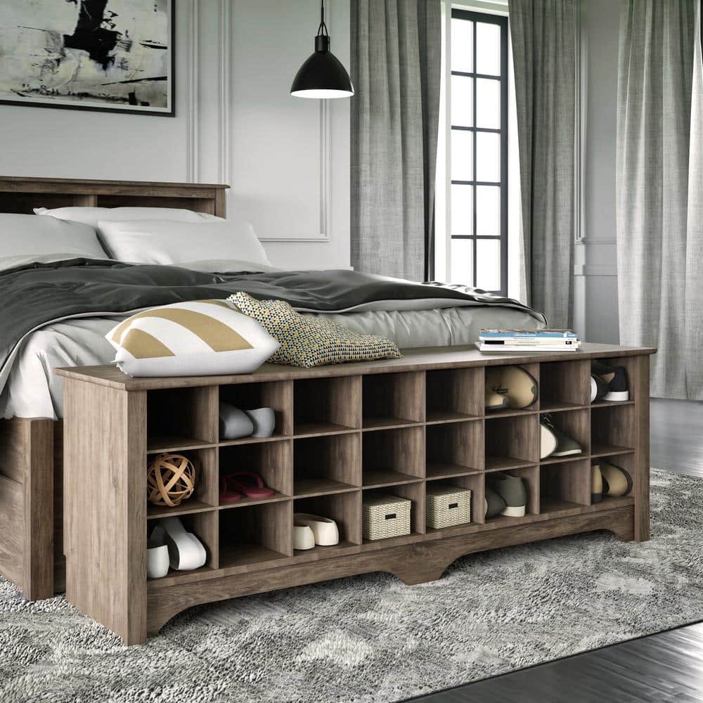Drifted Gray Laminated Entryway Shoe Storage Cubby Bench