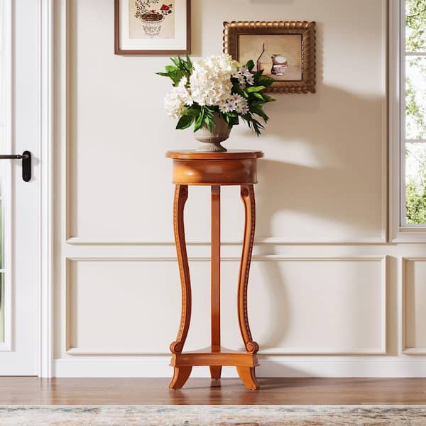 BYBLIGHT Wellston 36.02 in. Walnut 2-Tier Wood Round Plant Stand