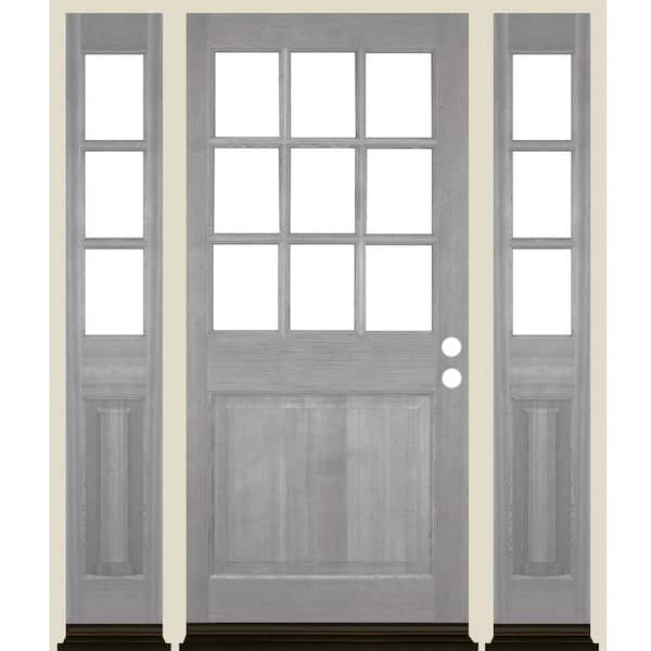 Krosswood Doors 64 in. x 80 in. Farmhouse 9-Lite Clear Glass Left Hand Grey Stain Hemlock Wood Prehung Front Door w/ DSL