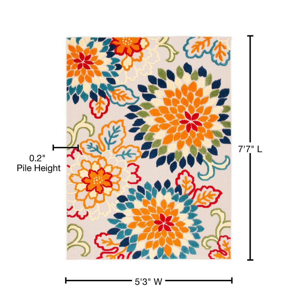 Ivory and Orange Floral Synthetic Rectangular Rug, 5'3" x 7'6"