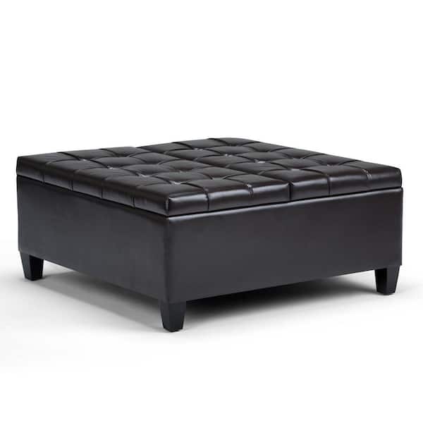 Simpli Home Harrison 36 in. Wide Transitional Square Coffee Table Storage Ottoman in Tanners Brown Vegan Faux Leather, Assembled