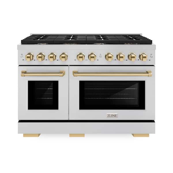 ZLINE Kitchen and Bath Autograph Edition 48 in. 8-Burner Freestanding Gas Range and Double Convection Oven in Stainless Steel and Polished Gold
