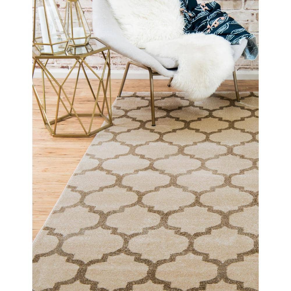 Beige and Light Brown Trellis 9' x 12' Easy-Care Synthetic Rug