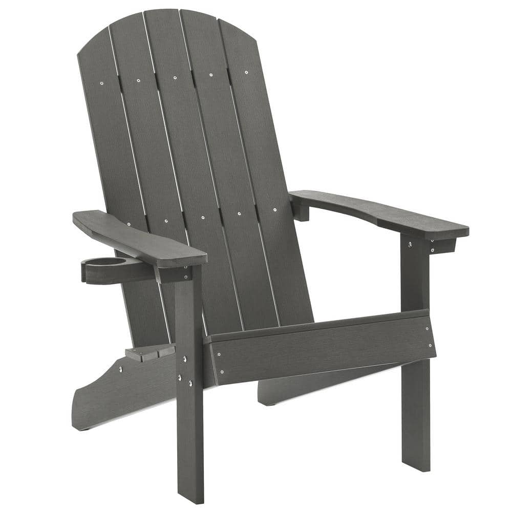 HIPS Gray Plastic Adirondack Chair with Cup Holder, Weather Resistant, Pati