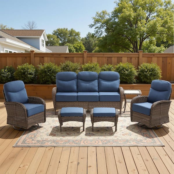 High Crescent 6-Piece Brown Wicker Patio Conversation Set with Blue Cushions