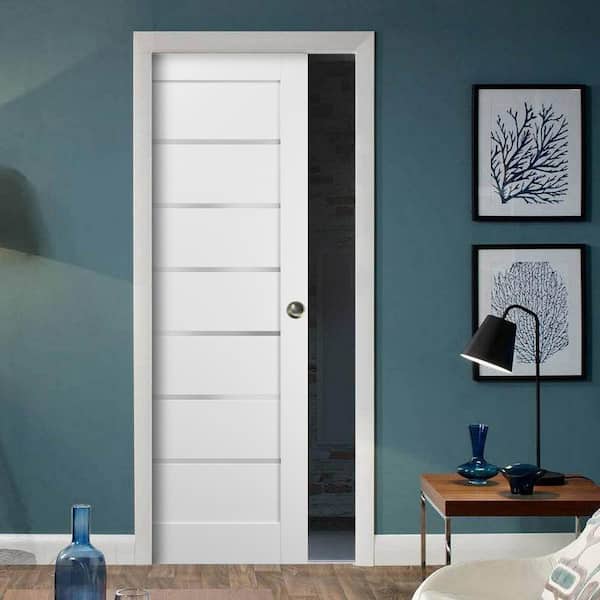 Quadro 4117 28 in. x 80 in. Panel White Finished Pine MDF Sliding Door with Pocket Kit