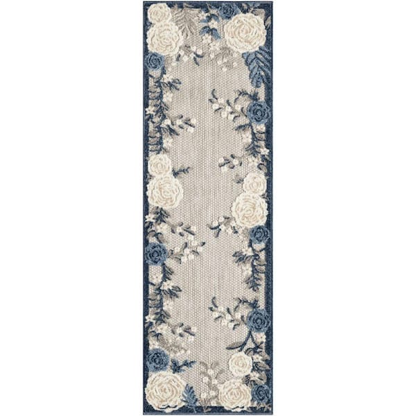 Aloha Blue Grey 2 ft. x 6 ft. Botanical Contemporary Indoor/Outdoor Runner Area Rug