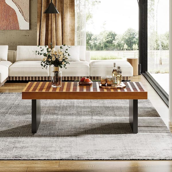 BYBLIGHT Allan 47.24 in. Teak Black Rectangular Center Table Boxwood Lattice Coffee Table with Metal Base and 4 Beige Placemats BB HL0114HY
