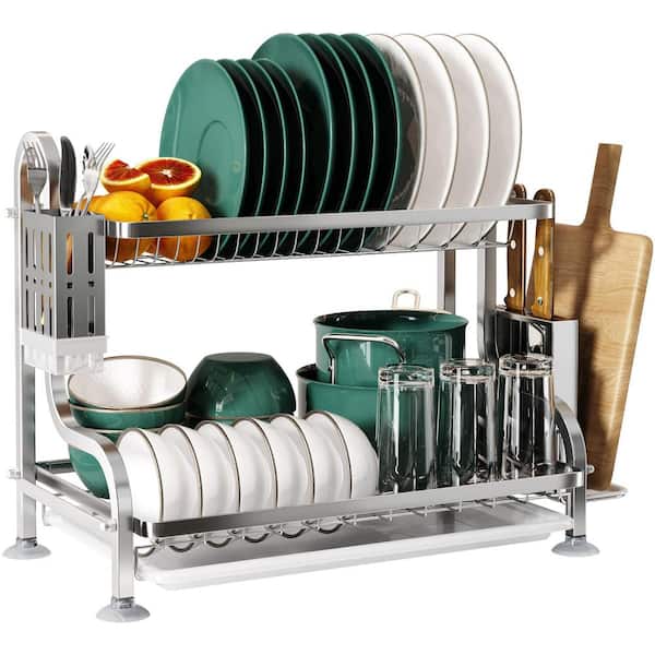 JASIWAY 19.2 in. Silver Stainless Steel 2-Tier Dish Rack Freestanding Drying Rack Dish Drainers with Drainboard