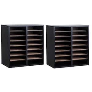 16 Compartment Wood Adjustable Literature Organizer, Black (2-Pack)