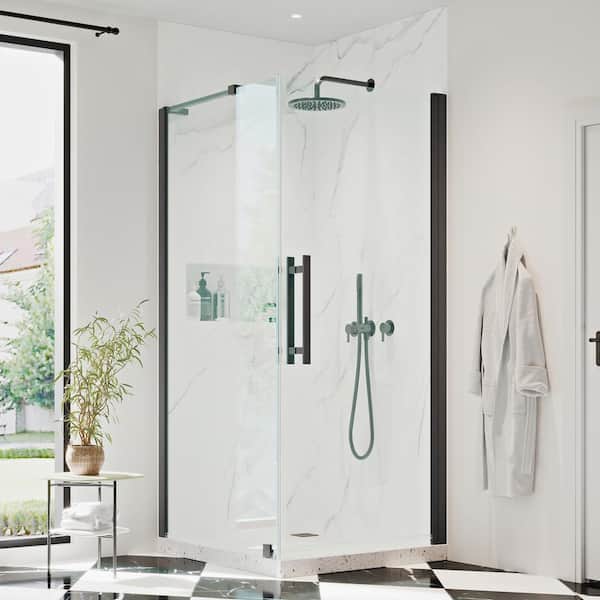 OVE Decors Pasadena 32-3/16 in. W x 72 in. H Rectangular Pivot Frameless Corner Shower Enclosure in Black