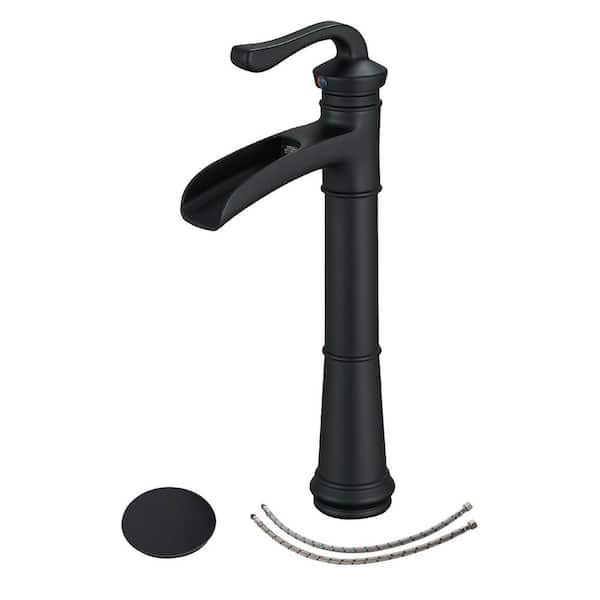 FLG Single-Handle Single-Hole Bathroom Vessel Sink Faucet Waterfall High Faucets with Pop-Up Drain Included in Matte Black