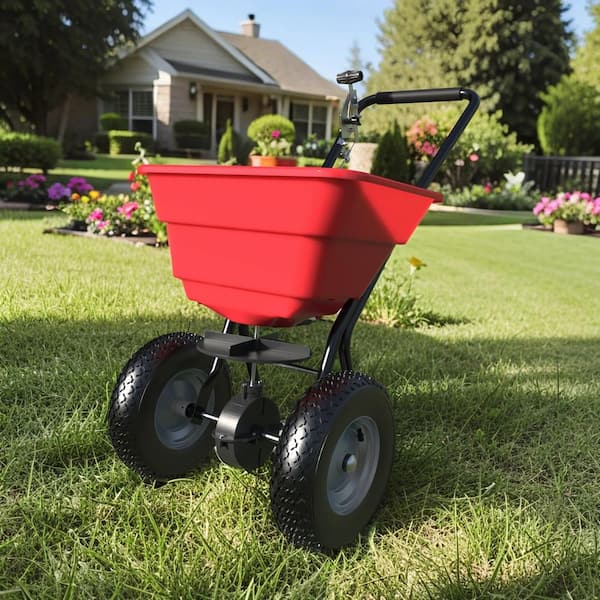 80 lb. Heavy Duty Broadcast Spreader for Lawn, Grass Seed, Fertilizer, Salt & Ice Melt-Wide Coverage, Pneumatic Wheels