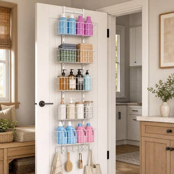 Wudkey Adjustable White Metal Hanging Door Organizer with 5 Wire Basket 7 Hooks, Wall Mounted Shelf for Pantry Organization
