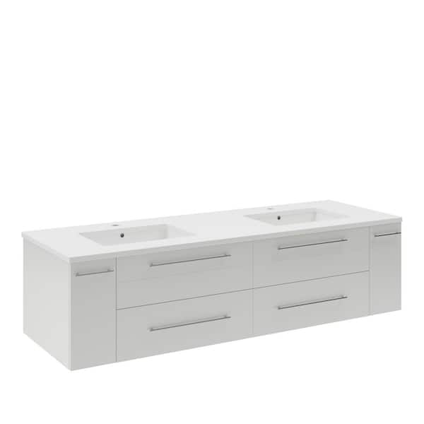 Fresca Lucera 60 in. Double Sink Wall Mount Floating White Bath Vanity with White Quartz Top and Undermount Ceramic Sinks