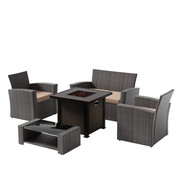 WESTIN OUTDOOR Valencia Gray 5-Piece Wicker Patio Fire Pit Conversation Set with Beige Cushions