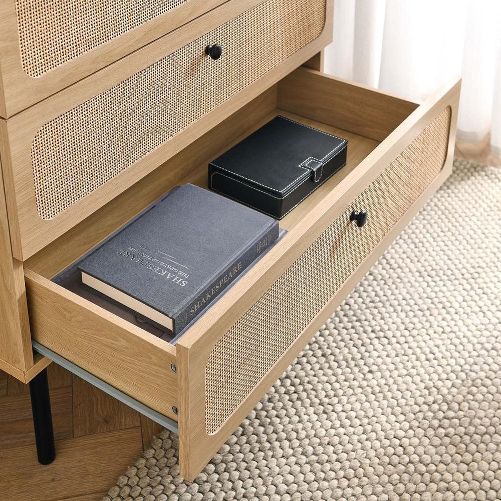 Oak and Black 3-Drawer Chest with Rattan Fronts