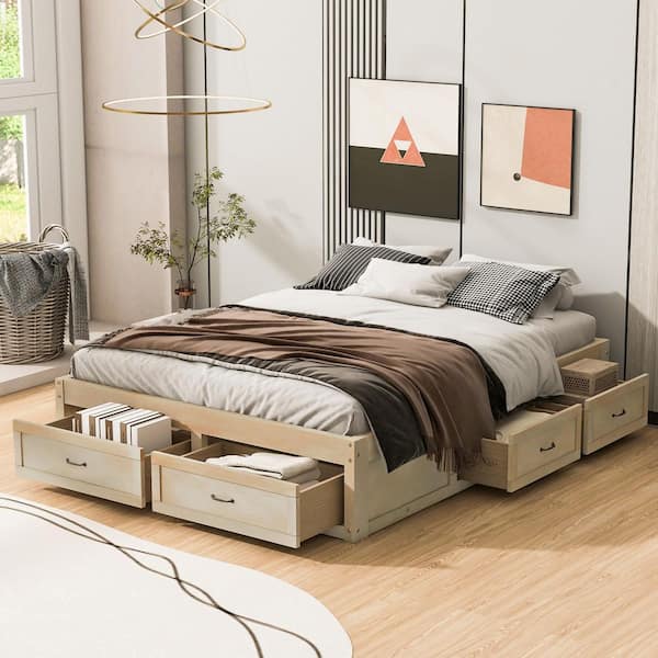 Polibi Antique Natural Wood Frame Queen Size Platform Bed with 6 Storage Drawers