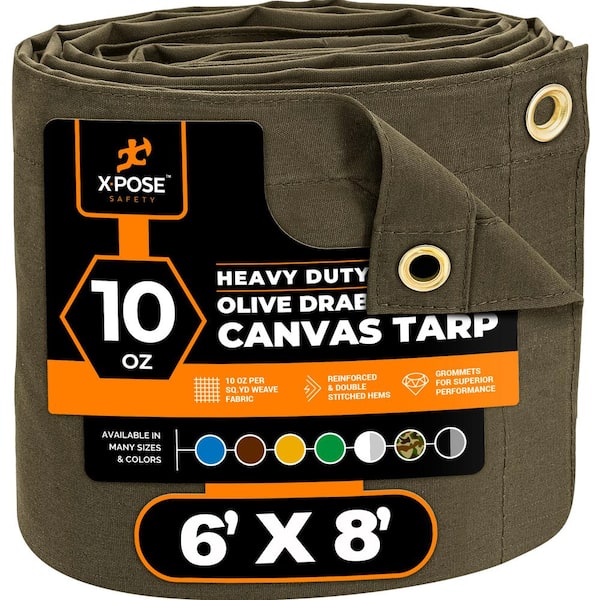 XPOSE SAFETY Canvas Heavy-Duty 6 ft. W X 8 ft. L Olive Drab 10 oz. Tarp