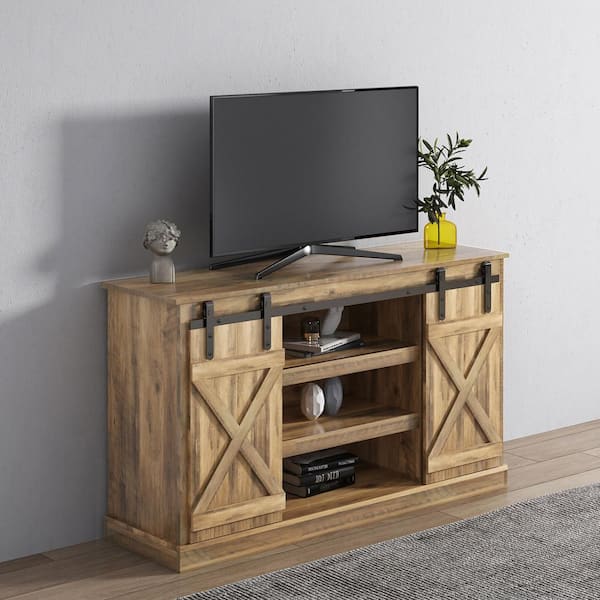 GODEER 53.9 in. Oak TV Stand Fits TV's up to 65 in. with Storage Cabinet Rustic Style