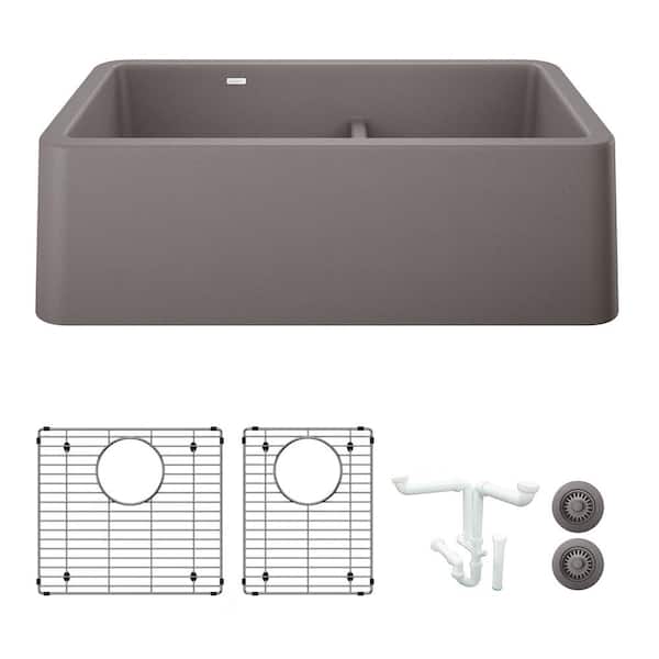 Blanco Ikon 33 in. Farmhouse/Apron-Front Double Bowl Metallic Gray Granite Composite Kitchen Sink Kit with Accessories