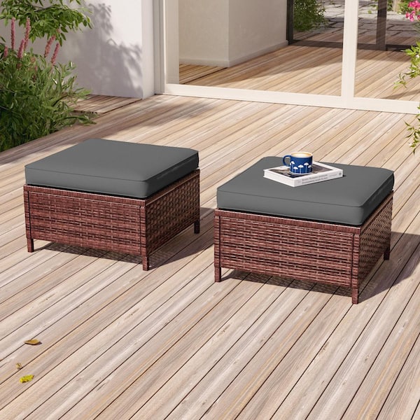 JOYESERY 2-Piece Steel Frame Brown Wicker Outdoor Ottoman with Removable Gray Cushion