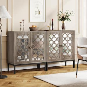 Alan Gray Wood 57 in. Mirrored Sideboard Buffet Cabinet with Adjustable Shelves, 4-Door Accent Storage Cabinet