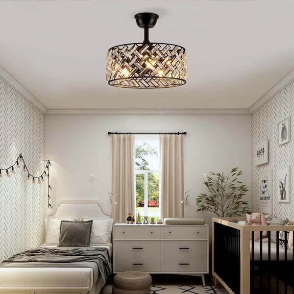 18 in 5 light Crystal Ceiling Fan Black Housing Remote Control Quiet Flush Mount For Bedroom Living Room Dining Room