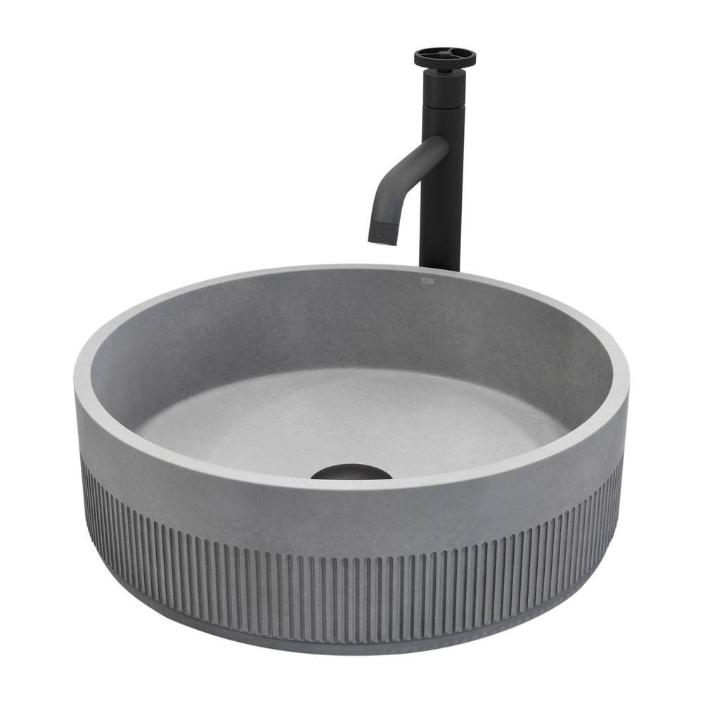 Matte Black Concrete Round Vessel Sink with Faucet